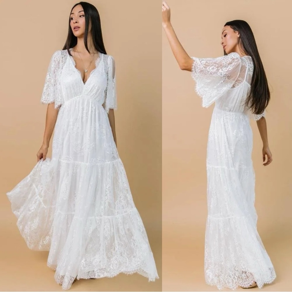 Baltic Born Elegant White Lace Maxi Dress With Sleeves